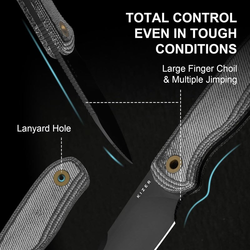 KIZER Drop Bear Fixed Blade Knife, 2.57" S45VN Matte DLC Ultra Blade EDC Camping Knife with Black Micarta Handle & Built-in Tools, Outdoor Small Hunting Survival Knives with Kydex Sheath, 1094A4 - Image 4